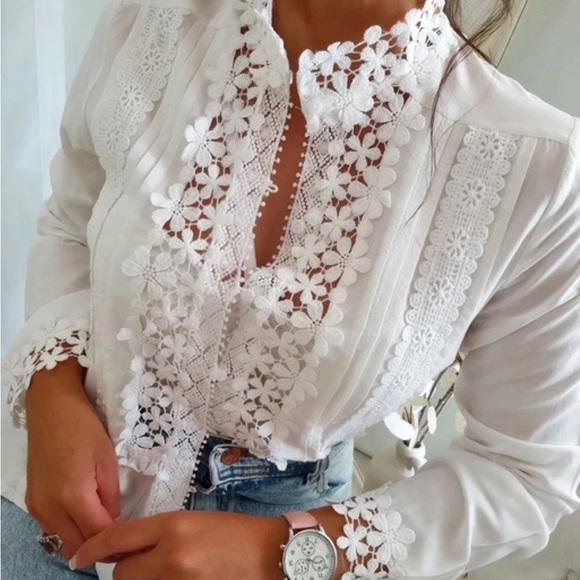 New Feminine White Lace Button Front Blouse Top Boho Chic Modern Western - Picture 5 of 7